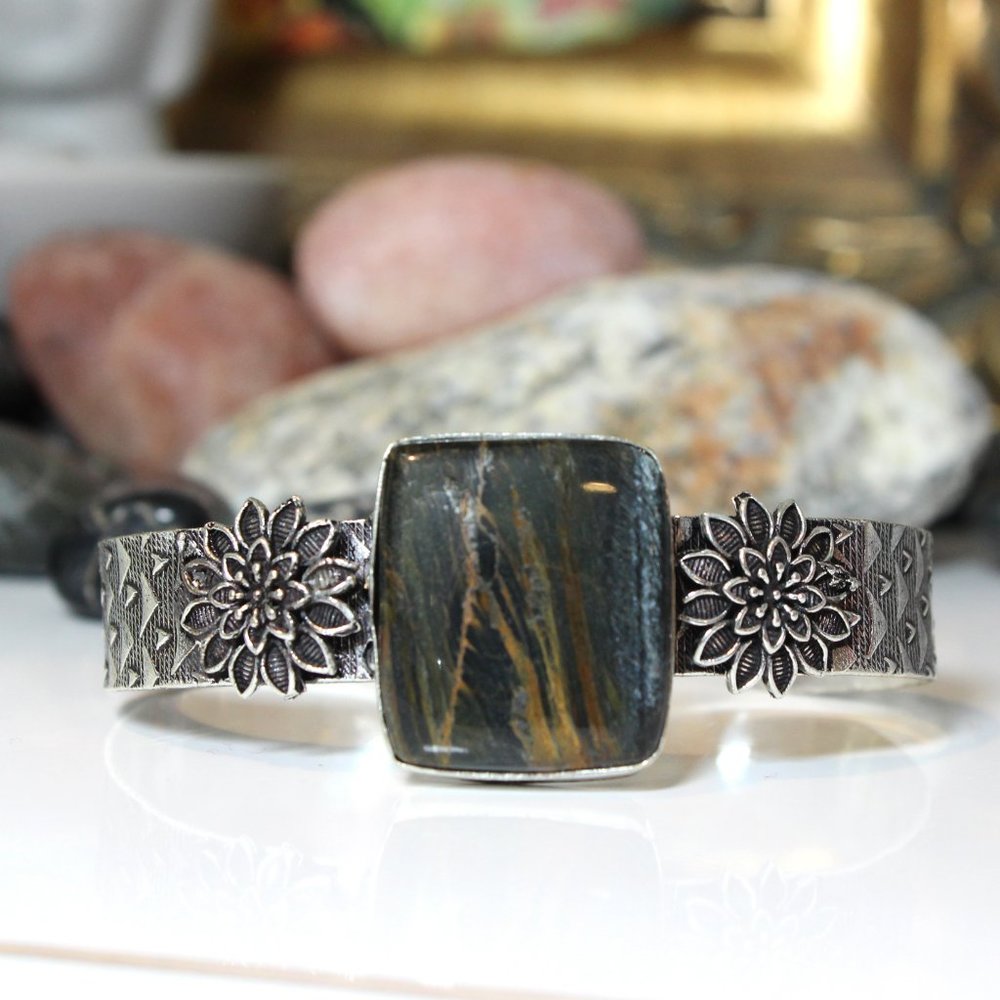 ✨Black Tiger Eye Gemstone Handmade Christmas Gift Cuff Bracelet Adjustable✨